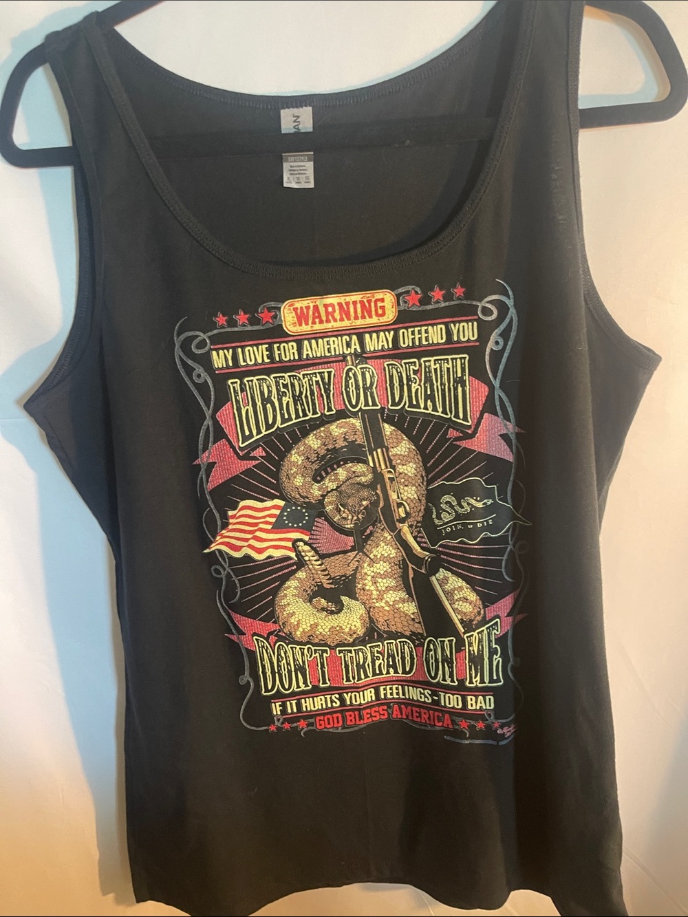 Gildan Black Tank with Patriotic Liberty or Death Snake Graphic